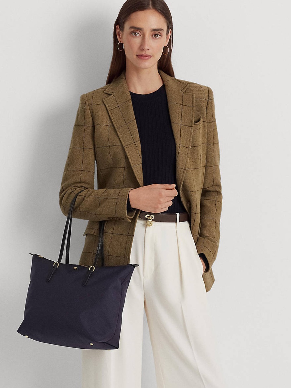 Lauren Ralph Lauren Medium Keaton Tote Bag Nylon Zip Top Closure Blue Black